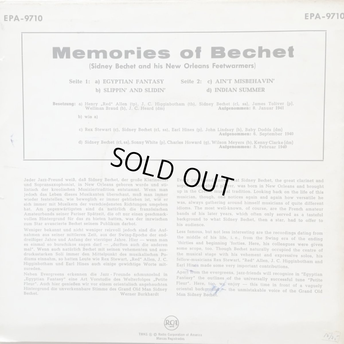 画像2: SIDNEY BECHET AND HIS NEW ORLEANS FEETWARMERS ♪ MEMORIES OF BECHET (7", EP) ♪ (2)